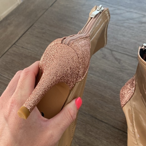 NWT BURJU Tan Patent Leather Pointed Toe Rose Gold Sparkly Heel Booties - Picture 9 of 12